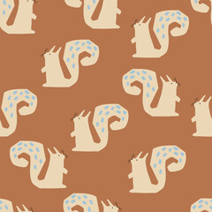 Hand drawn pattern with cute squirrel with blue spots on brown background. Vector illustraion with animals.