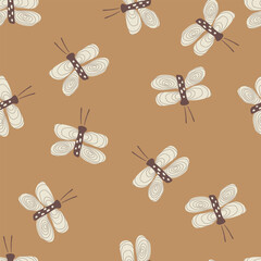 Seamless pattern with hand drawn butterfly on brown background. Vector illustration.