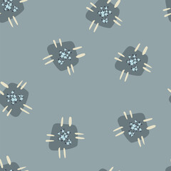 Hand drawn pattern with patch and flowers on blue background.