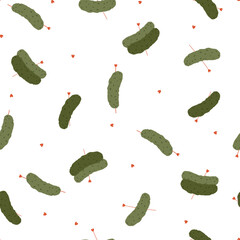 Cute hand drawn patetrn with pickled cucumbers and hearts on white background. Vector illustration for wrapping paper, card, fabric, Valentine's Day.