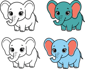 Obraz premium Cute Baby Elephant Cartoon Set with Line Art and Colored Versions, Adorable Animal Character Illustration for Kids, Coloring Books and Educational Design