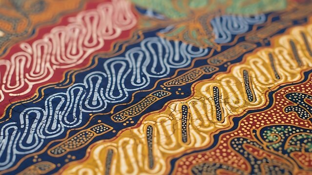 Close-up view showcasing vibrant batik textile patterns with intricate, colorful designs and detailed textures.