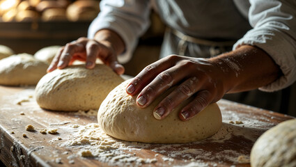 Fototapeta premium Baker hands shaping dough on a rustic wooden surface with soft natural light for a detailed and traditional photorealistic atmosphere generative AI