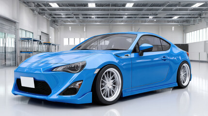 Obraz premium A bright blue sports car with customized wheels sits on a polished floor in a clean, modern garage space, showcasing its sleek design and aerodynamic features.