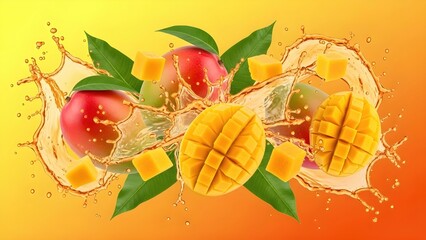 Mango Juice Splash Art: Ripe mango cubes and sliced fruit exploding in juice splash on vibrant yellow background for tropical beverage advertising