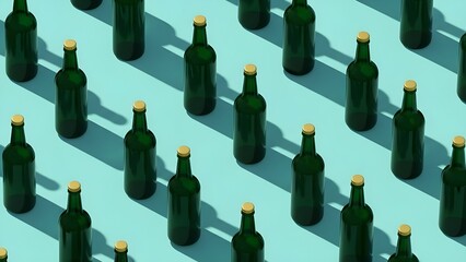 Multiple green glass bottles with cork stoppers arranged diagonally on a light blue background with shadows with diagonal pattern and beverage bottles