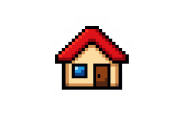 Pixel art house featuring a red roof and window, providing a retro 8-bit home icon and building graphic on a transparent background