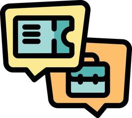 Planning a business trip involves booking flight tickets and packing essentials, symbolized by briefcase and ticket icons in speech bubbles