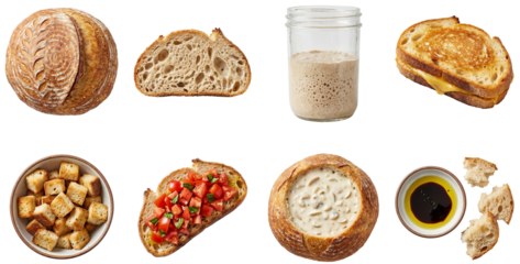 set of sourdough bread in different variations, loaf, slice and starter isolated on a transparent background