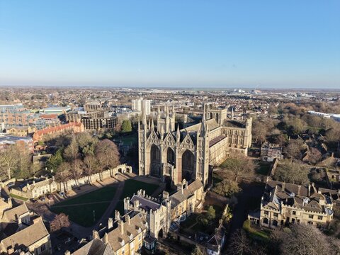 Peterborough Cathedral and city Cambridgeshire UK drone,aerial  blue sky