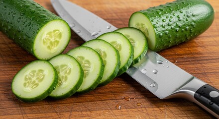 Fresh cucumber vegetable being sliced into rounds on a wooden cutting surface with a sharp utensil