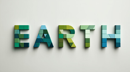 'EARTH' typography made of green and blue mosaic tiles, minimalist eco-friendly concept lettering on white background, creative earth day graphic with geometric block textures.
