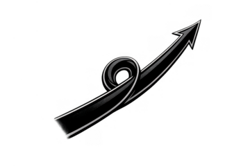 Black curved arrow with loop pointing upward for business growth, financial profit, success, and positive direction, transparent background