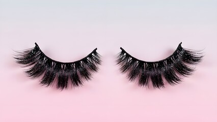 False eyelashes on a pink background for beauty and makeup concepts with cosmetics and eye makeup and fake eyelashes and beauty products and black eyelashes