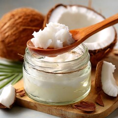 Coconut oil is scooped from a clear glass jar using a small wooden spoon surrounded by whole and cracked coconuts on a board.