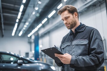Caucasian engineer checking clipboard in garage marking completed task on task list, surrounded by cars, tools, service bays and bright industrial lighting, wearing work jacket and holding pen,