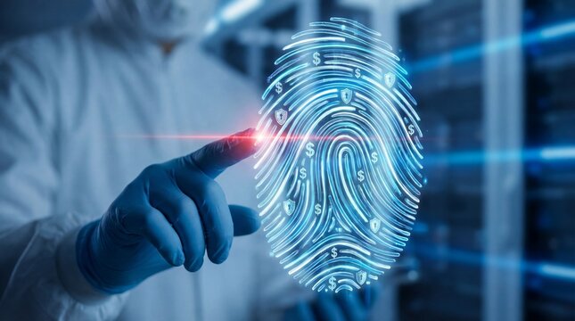 Biometric security expert analyzing digital fingerprint with currency symbols - Powered by Adobe