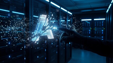 Person interacting with futuristic data visualization in server room