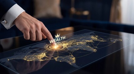 Businessman interacting with global wealth network on futuristic digital map