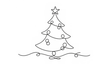 Christmas tree drawing with star and ornaments, continuous line art, minimalist holiday winter season decoration