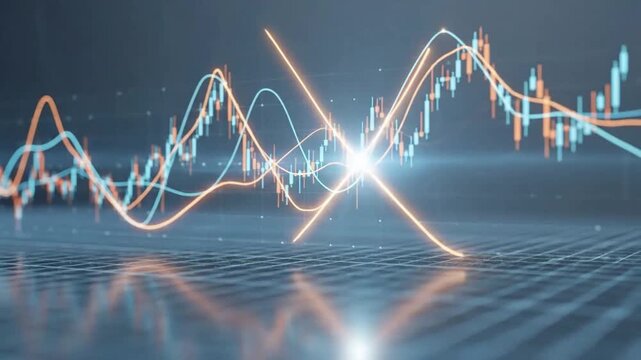 Abstract financial chart with uptrend line graph in blue and orange colors.
