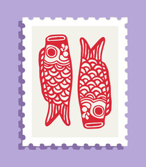 Red Japanese koinobori fish pair illustration on postage stamp with purple background