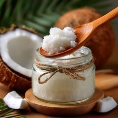 Rustic jar wrapped with twine holds solid white coconut oil being lifted by a wooden spoon near fresh coconut pieces and palm fronds.