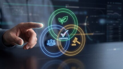Businessman interacting with digital certification icons on futuristic interface