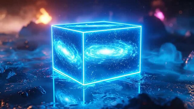 Glowing blue cube with inside, resting on a dark, reflective surface.
