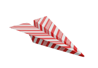 Festive Candy Cane Stripe Paper Airplane Flying Forward Isolated White Studio Background