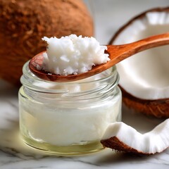 Wooden spoon scoops solidified white coconut oil from a small clear jar surrounded by brown coconut shells on a bright marble surface.