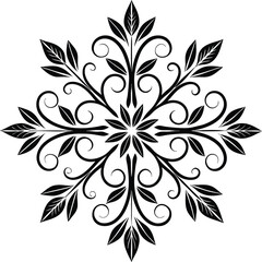 Elegant symmetrical black and white floral ornamental design with intricate scrolls and leaves