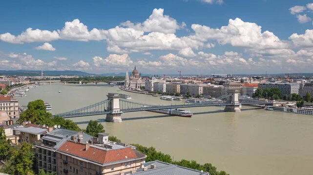 Aerial time lapse panorama Budapest old town, Danube river, Chain bridge and Parliament.