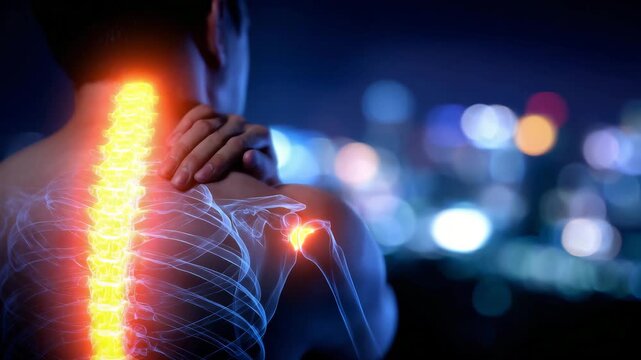 261Medical illustration of neck and back pain, man holding upper back, semi-transparent overlay showing spine and ribs under tension, highlighting muscular strain and posture issues
