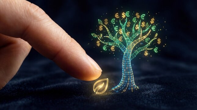 Finger planting glowing tree with currency symbols and digital code - Powered by Adobe