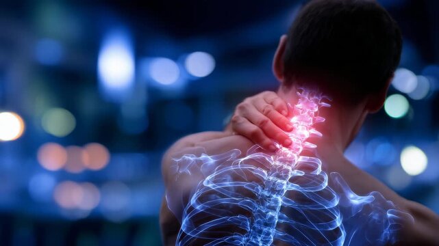260Medical illustration of neck and back pain, man holding upper back, semi-transparent overlay showing spine and ribs under tension, highlighting muscular strain and posture issues