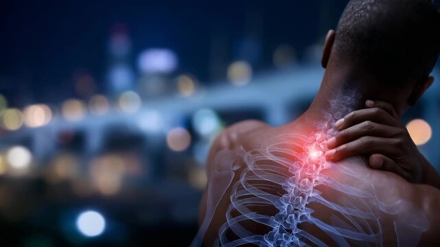 263Posture strain illustration, man experiencing neck and upper back discomfort, hand on tense area, highlighted vertebrae and ribs showing strain, realistic medical imagery