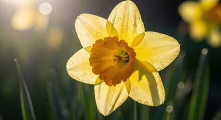 Fototapeta premium Sunlight illuminates a yellow and orange blossom covered in tiny water droplets