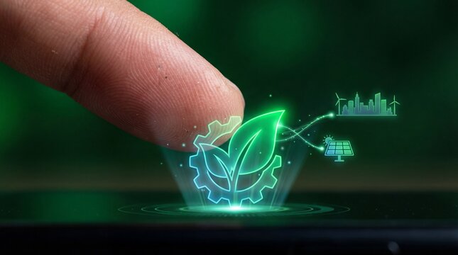 Finger interacting with eco-friendly technology interface - Powered by Adobe