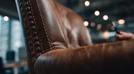 Medium shot of skilled craftsmen refurbishing an executive leather chair highlighting detailed stitching and plush cushioning in a modern office setting.