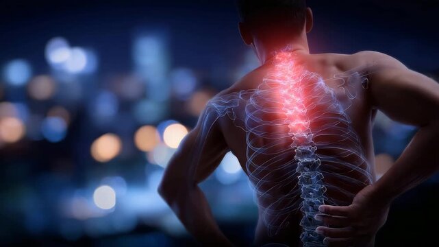 269Illustrated view of man with back pain, hand on upper back, highlighted vertebrae and ribcage, subtle red shading to indicate strain, medical anatomy and posture awareness