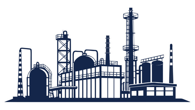 Industrial facility with various structures and equipment viewed from the side in a graphic illustration