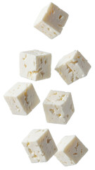 Greek feta cheese cubes flying in motion isolated background