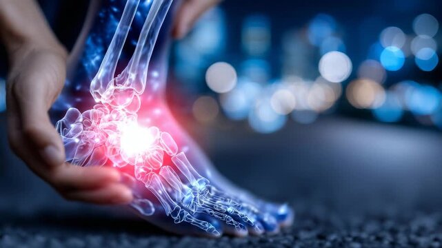 281Realistic illustration of ankle joint pain, skeletal structure with highlighted inflammation, hands holding foot to show support, focus on anatomy and medical education