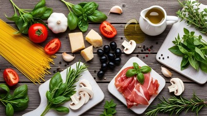 Italian Cooking Ingredients Flat Lay: Pasta, basil, tomatoes, olives, cheese, prosciutto, olive oil, rustic table, Mediterranean cuisine, homemade meal concept