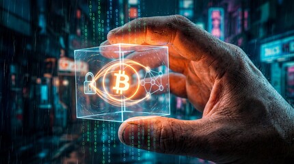 Secure cryptocurrency transaction with hand holding digital cube