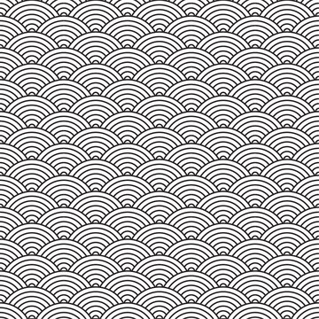 Black and white seamless traditional Japanese seigaiha wave pattern with elegant repeating lines
