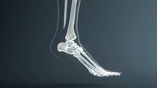 3D X-ray of human foot, ankle lower leg, gray background, bones visible, ankle highlighted red, pulsing energy rotation, futuristic medical HUD overlays, small animated particles blood flow, anatomy