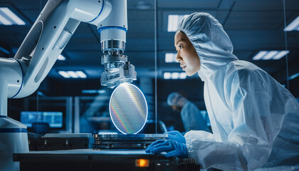 Female scientist in cleanroom observing robotic arm handling silicon wafer in advanced semiconductor manufacturing facility.