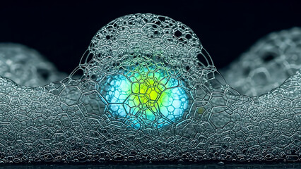 microscopic soap bubbles with vibrant blue and green light showcasing intricate cellular structures on a dark abstract background.